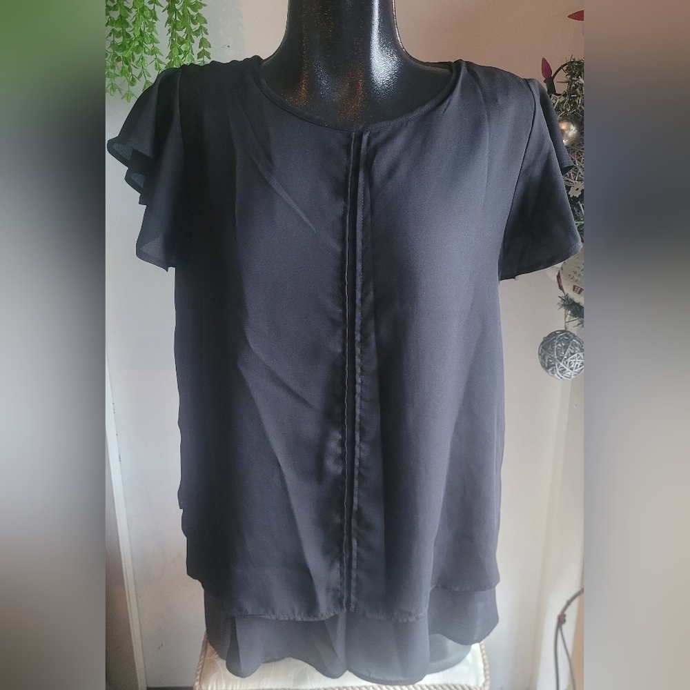 Zac & Rachel Black Layered Short Flutter Sleeve Top Size M